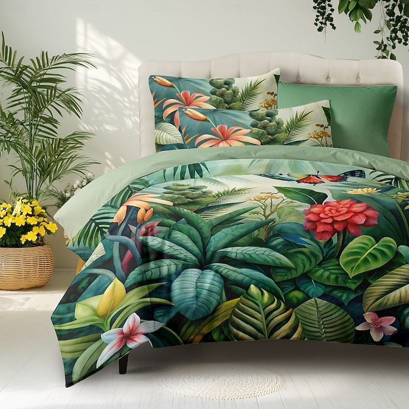 Tropical Plants Flowers Duvet Cover 100% Cotton Full Size Bedding Set Bed Sets Quilt Cover Soft Lightweight Comforter Cover with 2 Pillowcases for All Season