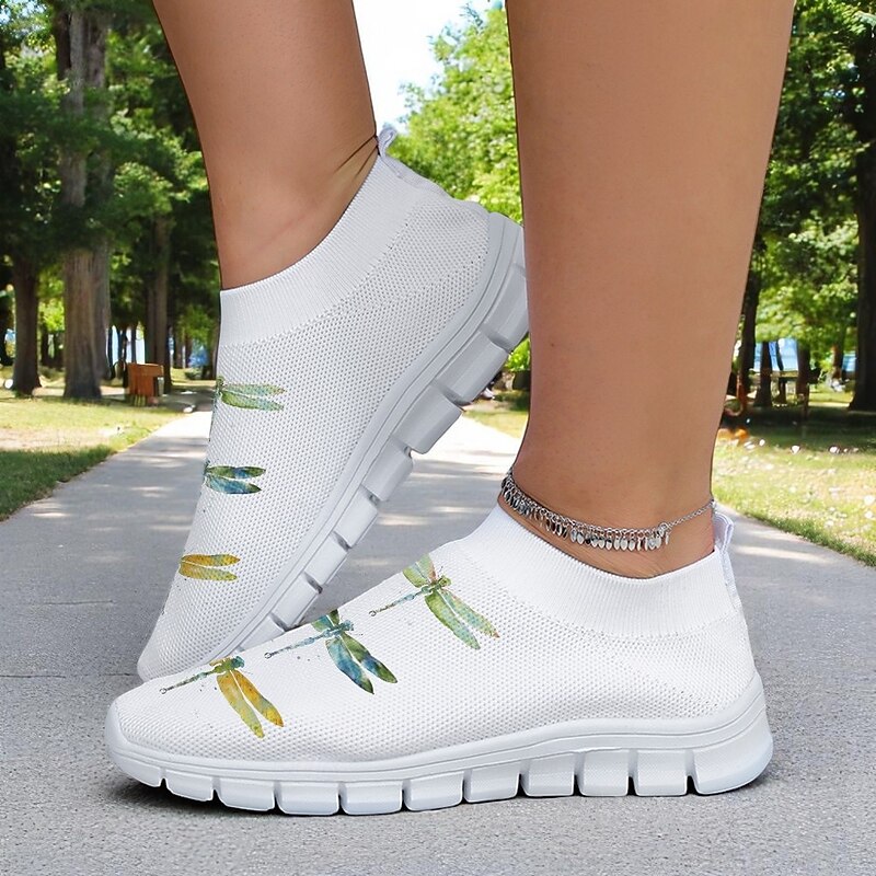 Women's White Fly Knit Walking Shoes with Colorful Dragonfly Print – Lightweight Breathable Casual Slip-Ons for Outdoor Walks, Summer Travel and Everyday Wear2