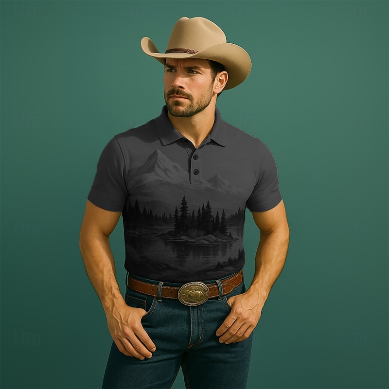 Men's Tree Mountain Polo Short Sleeve Polo Shirts Collared Shirts Casual Western Style Outdoor Athleisure Daily Wear 3D Print Summer Black Blue Purple3