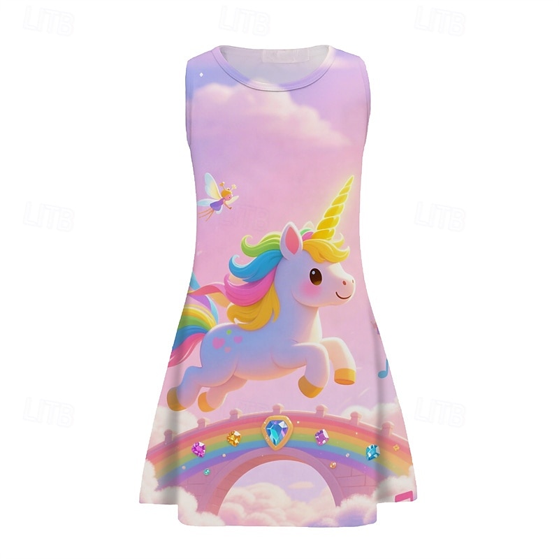 Girls' 3D Unicorn Dress Sleeveless Summer Spring Vacation Daily Holiday Princess Beautiful Sweet Kids 4-12 Years Casual Dress A Line Dress Knee-length Regular Fit4