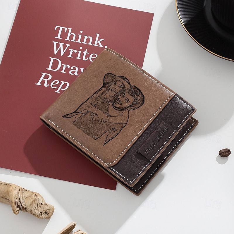 Personalized Photo Engraved Leather Wallet Custom Best Gift for Dad, Custom Name and Initial on Back, Valentine's Day, Father's Day, Birthday, Anniversary, Christmas Gift for Him