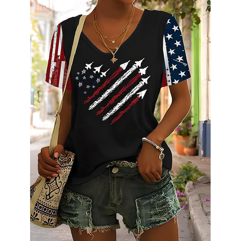 Women's Patriotic  T Shirt Flag Flag National Flag Stylish Casual Red White And Blue Short Sleeve V Neck Regular Tops Daily Print Black Summer Spring4