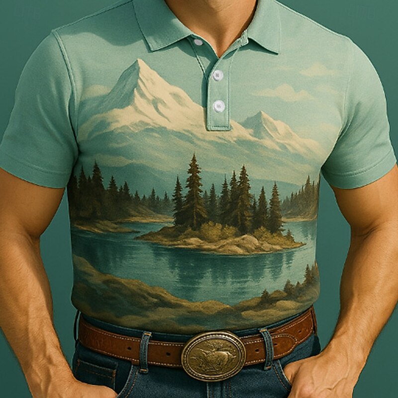 Men's Tree Mountain Polo Short Sleeve Polo Shirts Collared Shirts Casual Western Style Outdoor Athleisure Daily Wear 3D Print Summer Black Blue Purple2