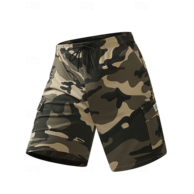 Men's Cargo Shorts Camo Shorts Shorts Summer Shorts Drawstring Elastic Waist Multi Pocket Camouflage Comfort Wearable Knee Length Outdoor Sport Daily Fashion Casual Black Khaki2