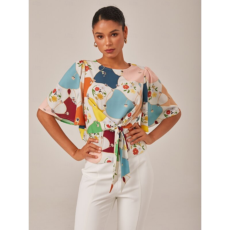 Geometric Floral Tie Front Top