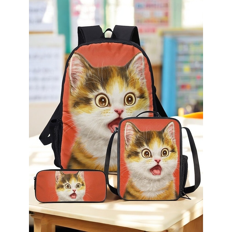 Kids cute cat theme three-piece backpack set, Including backpack, Cooler bag and pencil case, Perfect for school, Travel and daily use, Kayomi Harai