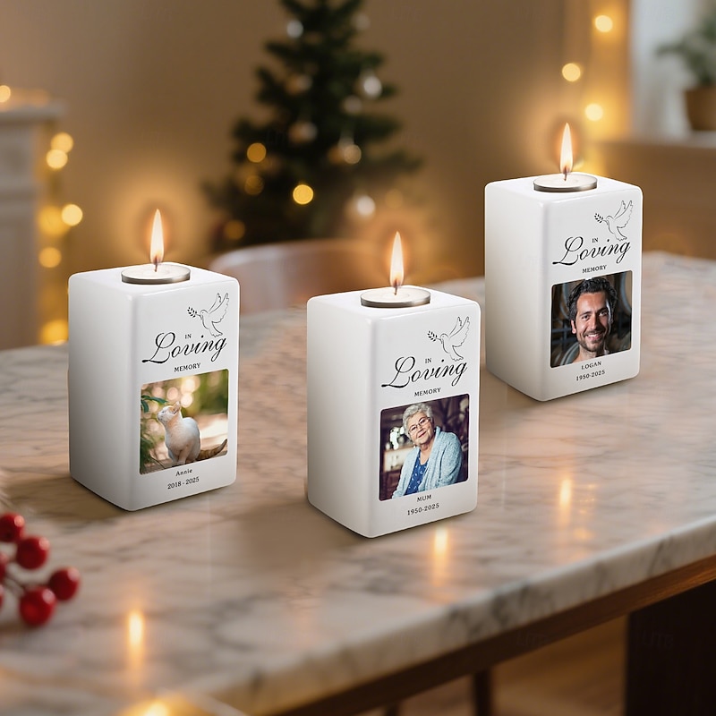 Personalized Memorial Candle Holder Custom Photo Sympathy Gift Ceramic Keepsake, Remembrance Gift for Dad Pet Friend, Sympathy Tribute for Father's Day, Christmas, Birthday
