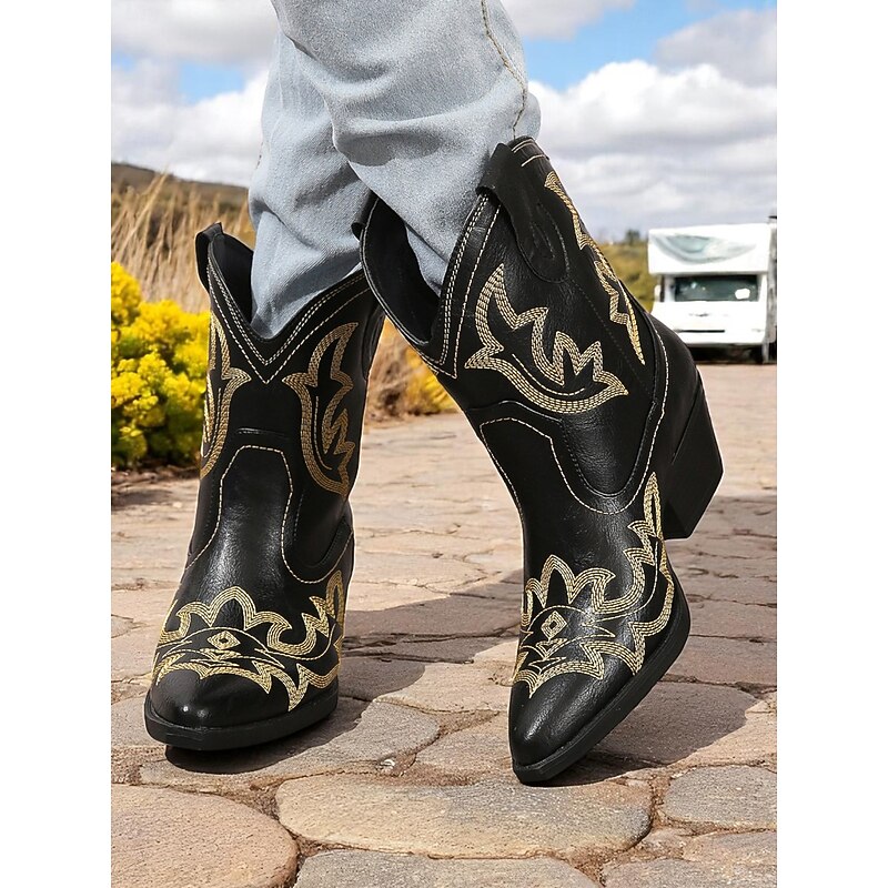 Women's Turquoise Faux Leather Western Cowboy Boots  Embroidered Pointed Toe Mid-Calf Boots for Country Style Outfits, Rodeos, and Outdoor Events4