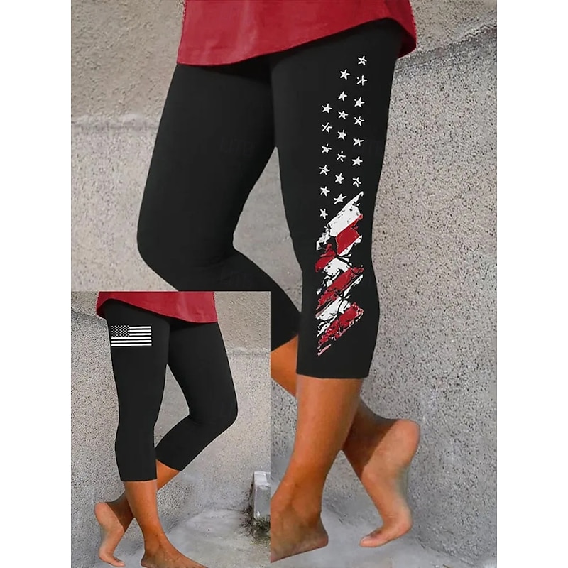 Women's Patriotic  Leggings Vacation Vintage Fashion Calf-Length High WaistPants Graphic Flag Printing Breathable Soft Stretchy Formal Vacation Office Black  Slim Fit