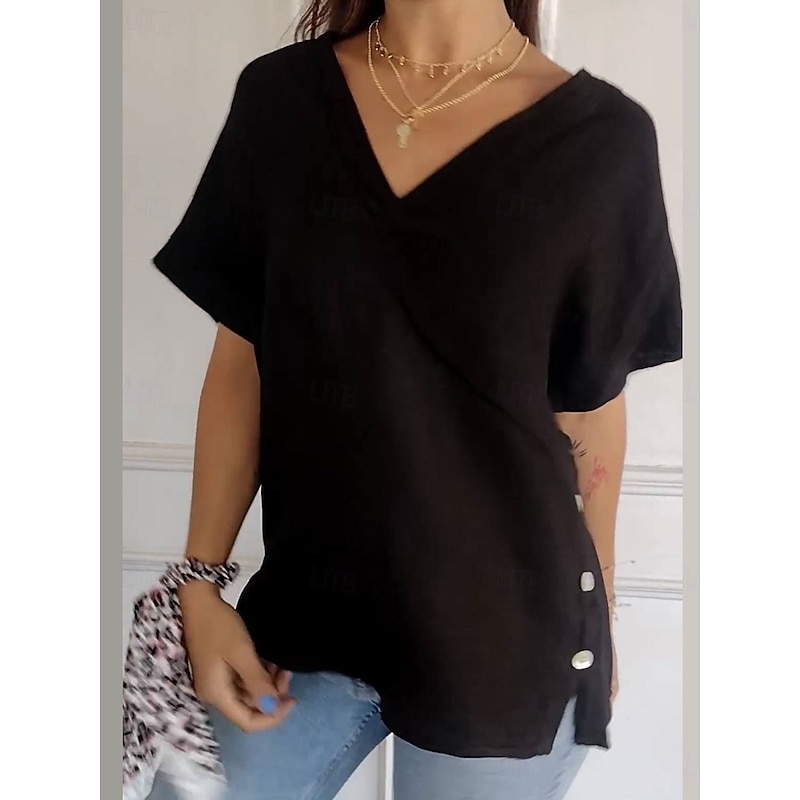 Women's Cotton Linen Blouse Solid Color Elegant Casual Short Sleeve V Neck Regular Tops Daily Holiday Buttons Black White Brown Summer4