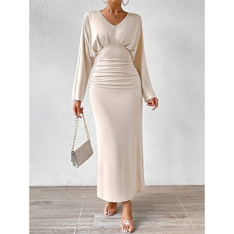 Dress Mother of the Bride Dress Elegant V Neck Floor Length Jersey Long Sleeve with Ruched