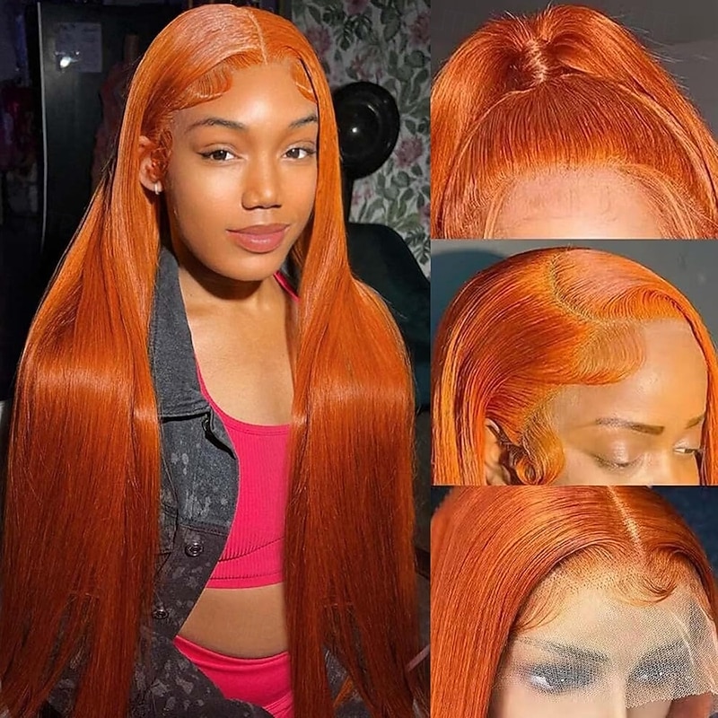 Remy Human Hair 13x4 Lace Front Wig Free Part Brazilian Hair Straight Orange Wig 150% Density with Baby Hair