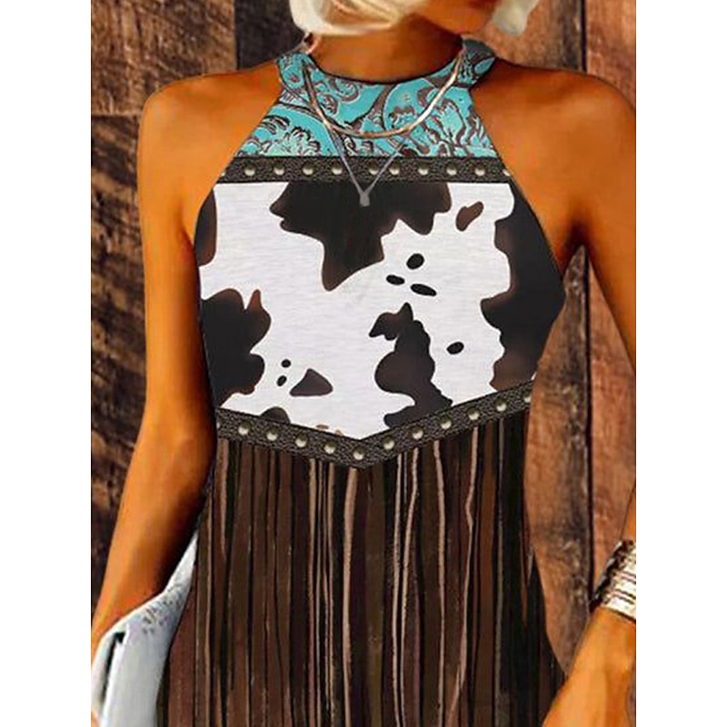 Women's Mini Dress Sundress Halter Dress Off The Shoulder Dress Vacation Casual Outdoor Party Going out Standard Fit Graphic Tribal Ethnic Sleeveless Halter Neck Camel Summer Spring2