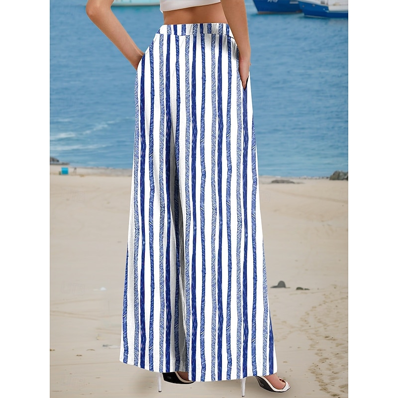 Women's Wide Leg Chinos Beach Shorts Vacation Fashion Casual Full Length High Waist Graphic Geometric Drawstring Printing Soft Breathable Micro-elastic Vacation Casual Daily Violet Robin's Egg Blue2