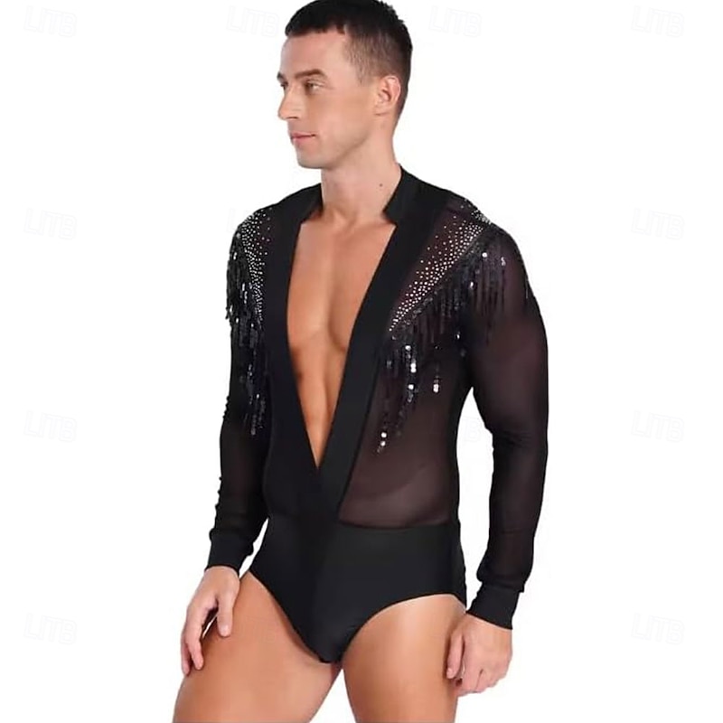 Mens Sheer Mesh Bodysuit Tango Latin Dance Leotard Deep V-neck Figure Skating Dance Costume4