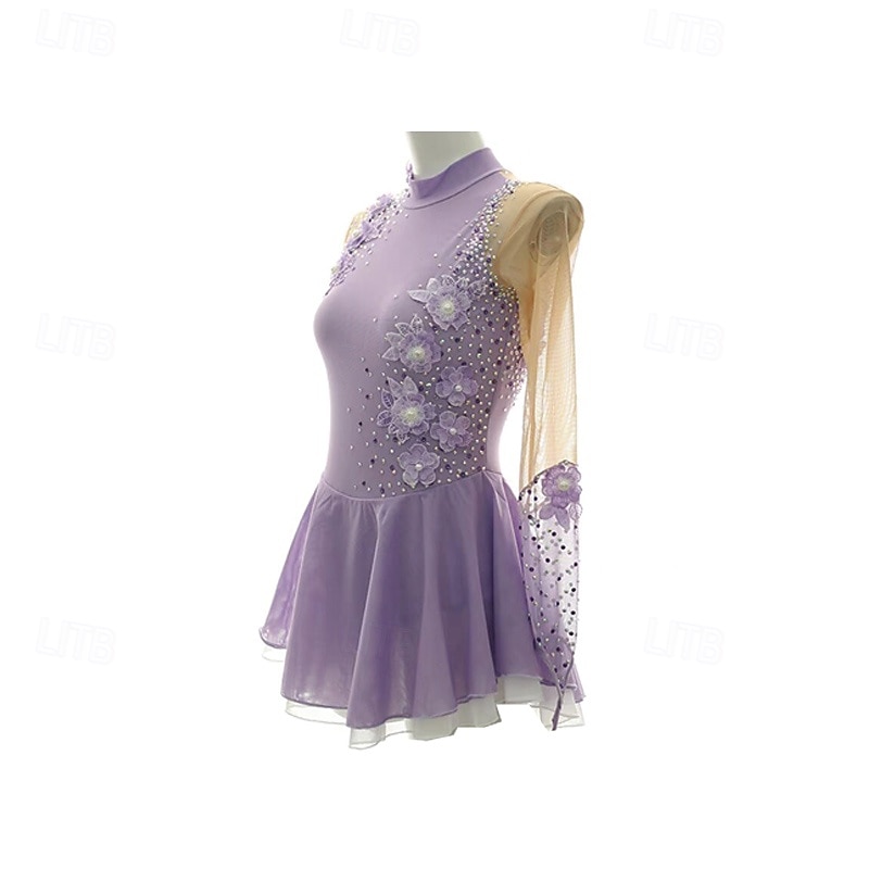 Figure Skating Dress Women's Girls' Ice Skating Dress Light Purple Patchwork Thumbhole Mesh Spandex Stretchy Training Practice Professional Skating Wear Thermal Warm Crystal / Rhinestone Long Sleeve3