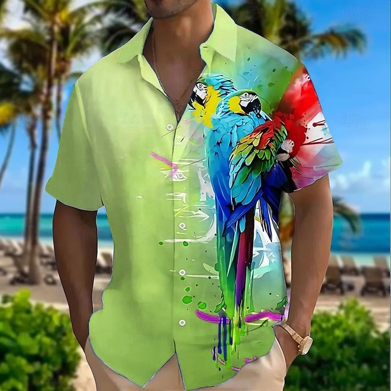 Men's Bird Parrot Shirt Summer Hawaiian Shirt Button Up Shirt Short Sleeve Hawaiian Vacation Holiday Beach Wear Summer Spring Turndown 3D Print Collared Shirts Yellow Blue Purple Green4
