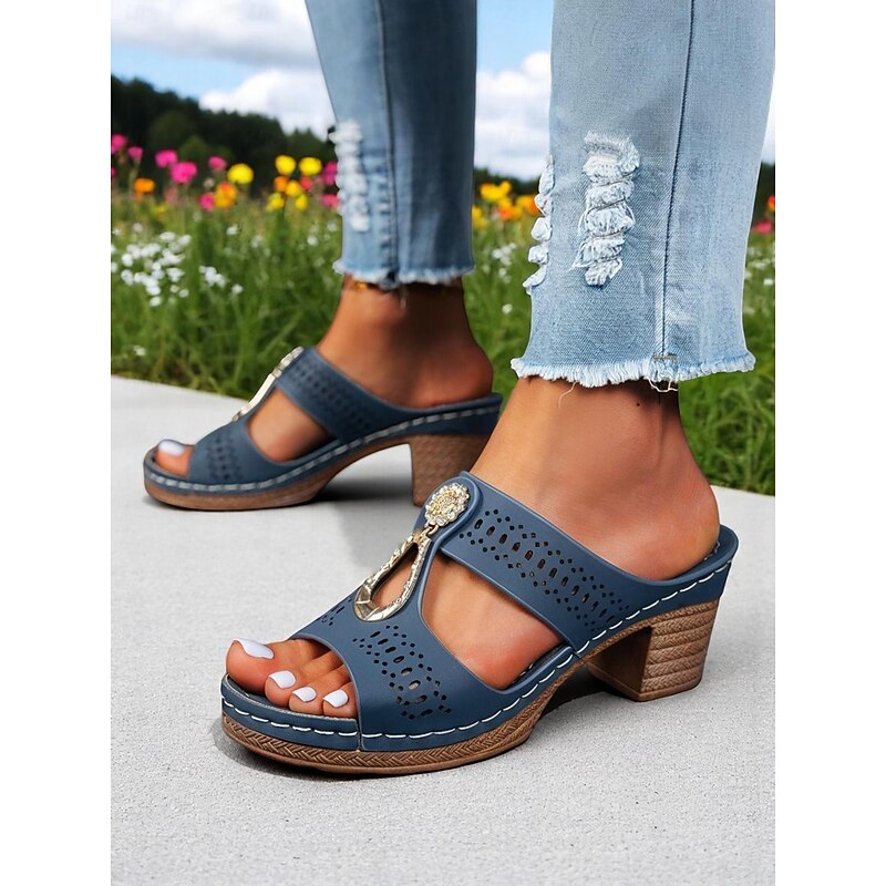 Women's Chunky Heel Mule Sandals – Hollow-Out Rhinestone Design, Retro Buckle Decor, Comfortable Sole, for Outdoor Walks, Garden and Casual Summer Outfits4
