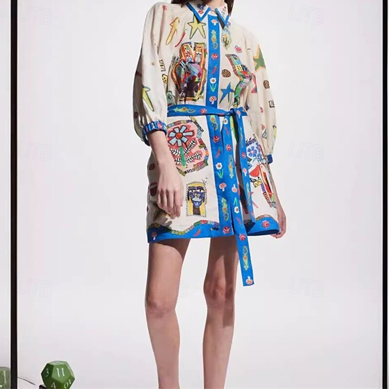 Women's Mini Dress Cotton Linen Dresses Casual Dress Fashion Outdoor Party Holiday Regular Fit Graffiti 3/4 Length Sleeve Shirt Collar Blue Summer