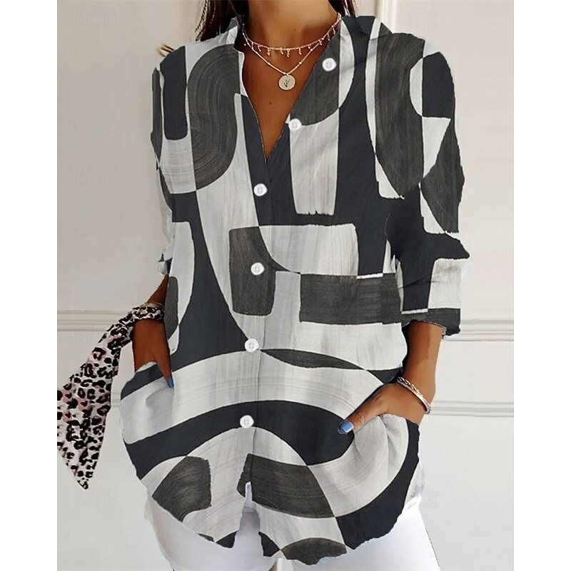 Women's Shirt Geometric Daily Stylish Basic Long Sleeve Shirt Collar Regular Tops Daily Holiday Buttons Print Black Royal Blue Blue Purple Green Spring Fall - Main Image