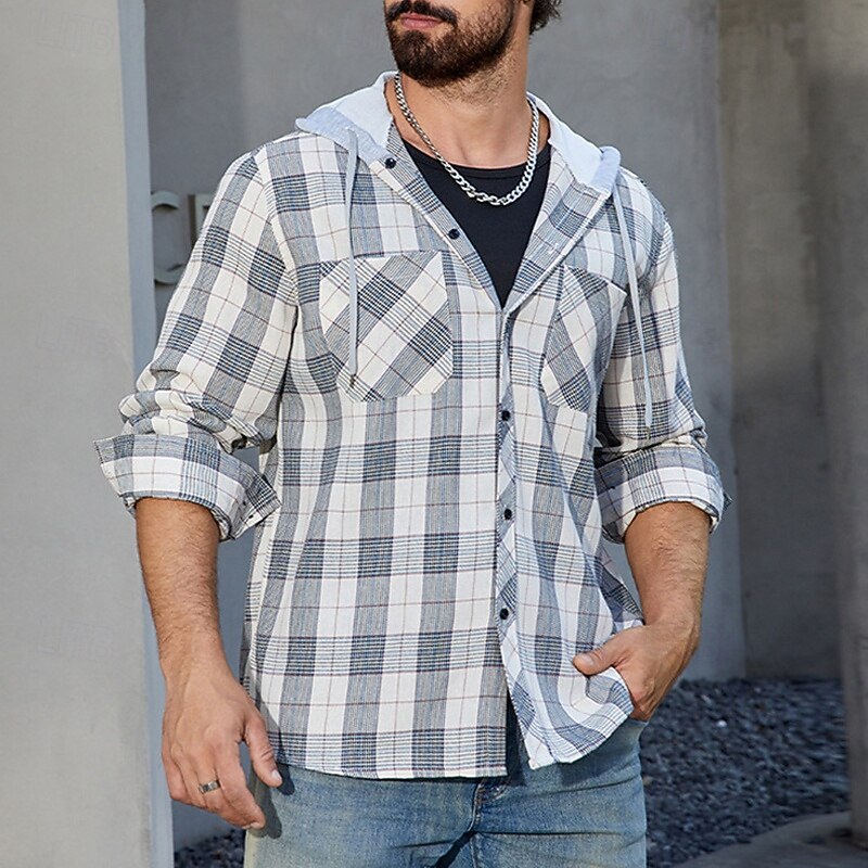 Men's Shirt Jacket Winter Jacket Shacket Plaid / Check Vacation Daily Wear Light Blue Black White Long Sleeve Hooded Winter Autumn / Fall Clothing Apparel Pocket4