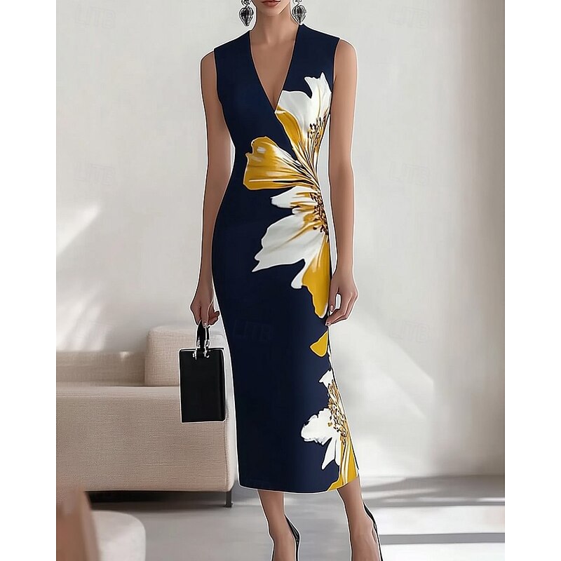 Women's Midi Dress Floral Dress Print Dress Elegant Fashion Outdoor Vacation Holiday Regular Fit Flower Sleeveless V Neck Navy Blue Summer
