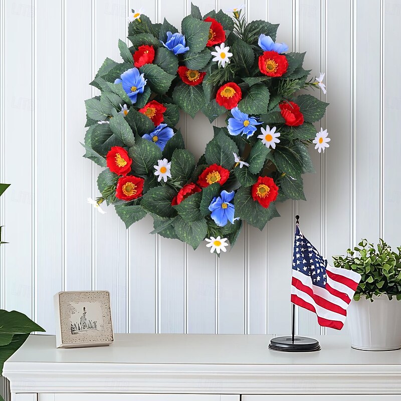 Patriotic Wreath for Front Door 4th of July Independence Day Red White and Blue Outdoor Indoor Decoration, American Flag Faux Flower Vine Ring Wall Hanging for Window, Rustic Holiday Decor3