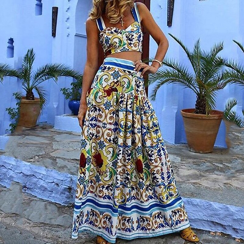 Women's Active Boho Blouse Skirt Sets Sleeveless U Neck Floral Print Outdoor Casual Daily White Yellow Red Summer Regular Fit