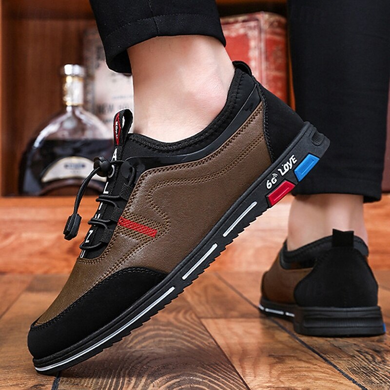 Men's Premium Brown and Black Faux Leather Lace-Up Sneakers with Colorful Branding for Casual and Sports Activities3