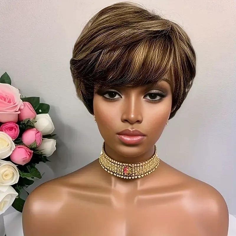 Human Hair Wig Short Natural Straight Pixie Cut Short Bob Side Part Layered Haircut Natural Designers Natural Hairline Capless Brazilian Hair Women's Natural Black #1B Black / Dark Wine Medium Brown#4