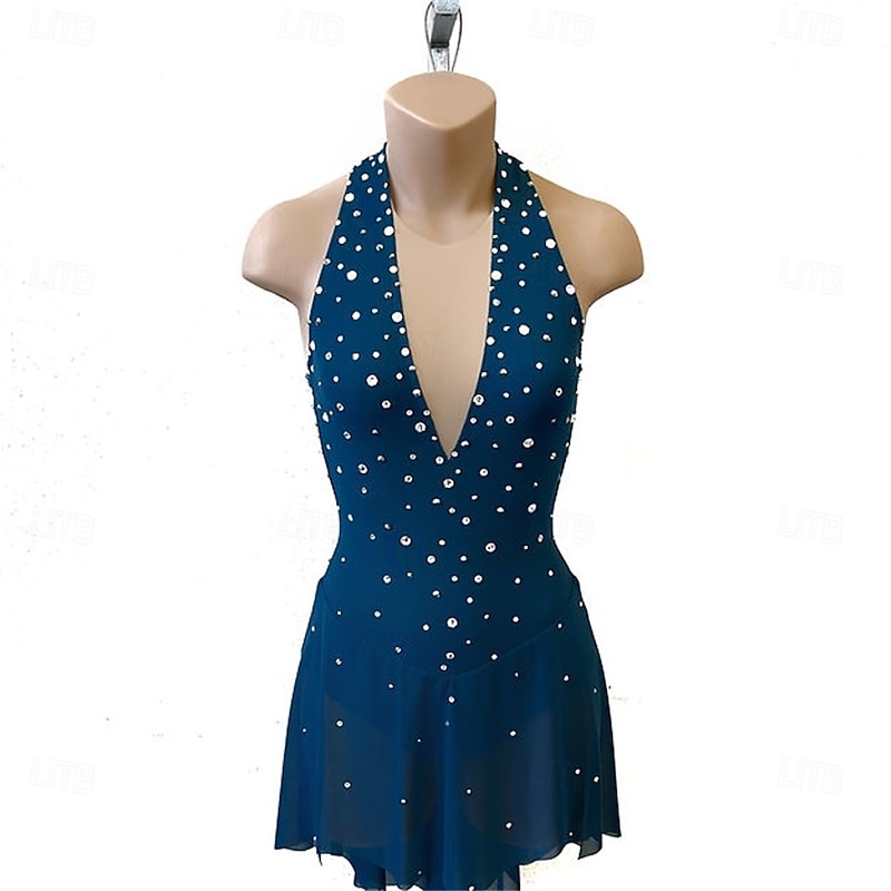 Figure Skating Dress Women's Girls' Ice Skating Dress Lake Blue Patchwork Open Back Mesh High Elasticity Training Competition Skating Wear Classic Crystal / Rhinestone Sleeveless Ice Skating Figure3