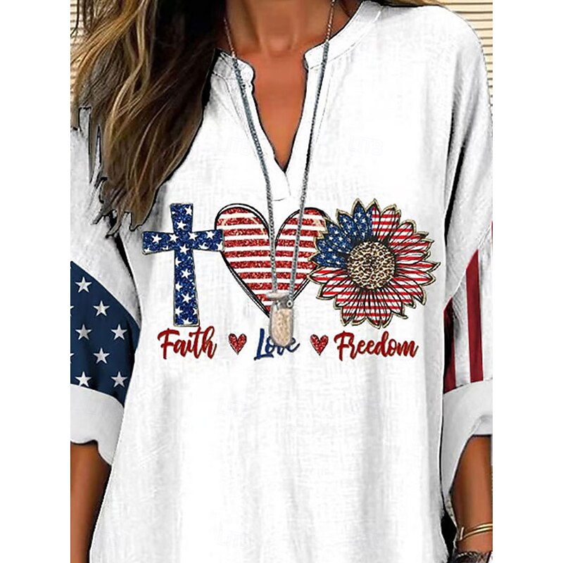Women's Blouse Tunic V Neck Long Sleeve Boho Casual Patriotic Graphic Flag Vintage Stylish Regular Tops Daily White2