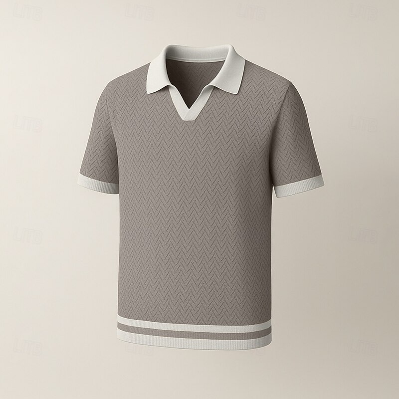 Men's Polo Business Casual Turndown Short Sleeve Color Block Jacquard V Neck Soft Summer Spring Fall Regular Fit claret Black Khaki Polo4