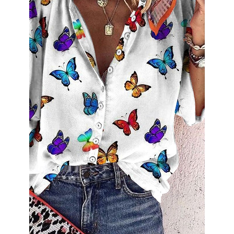 Women's Blouse Long Sleeve Button Down Blouse Graphic Butterfly Tie Dye Bohemia Daily Casual Sleeveless 3/4 Length Sleeve High Neck Regular Tops Buttons Print Black White Summer Spring3