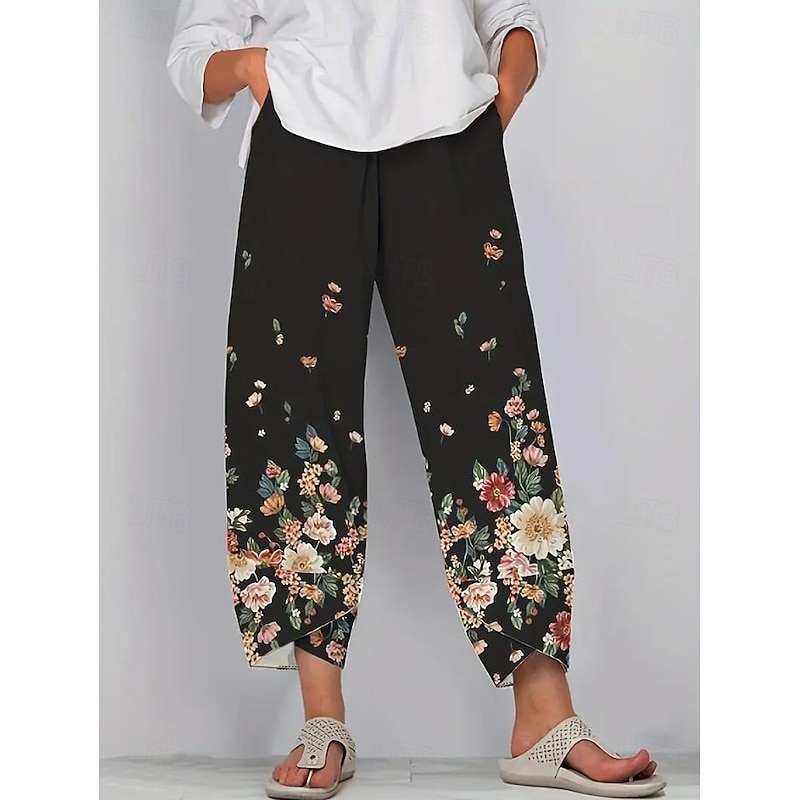 Women's Wide Leg Chinos Baggy Pants Vacation Vintage Ethnic Style Full Length High Waist Floral Graphic Printing Thermal Warm Soft Breathable Micro-elastic Vacation Street Causal Dark-Gray Robin's4