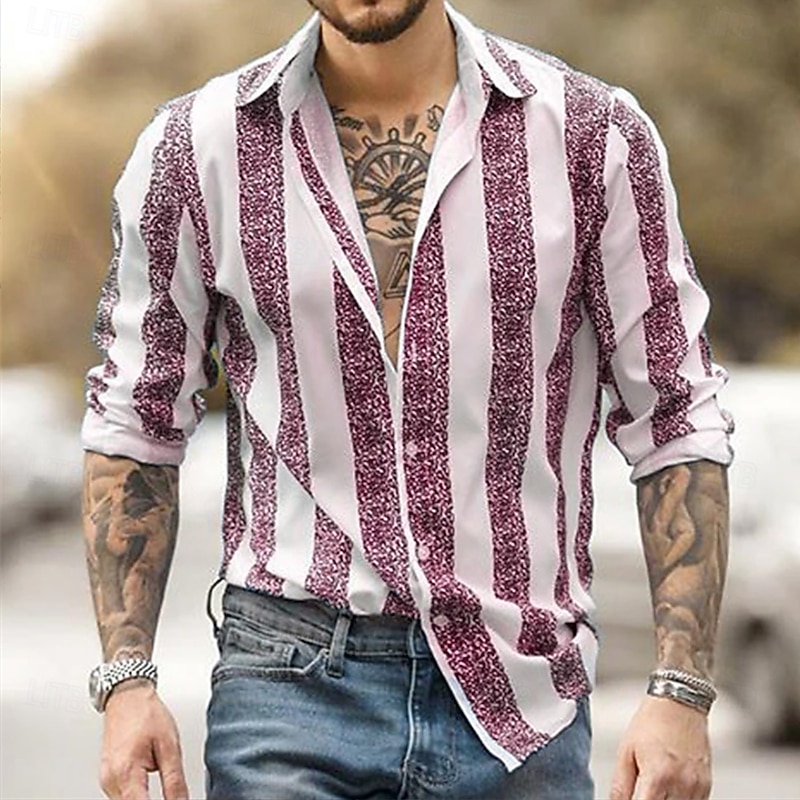 Men's Geometric Striped Shirt Button Up Shirt Casual Dress Shirt Long Sleeve Fashion Casual Formal Vacation Dailywear Summer Spring Turndown 3D Print Collared Shirts Black Pink Blue3