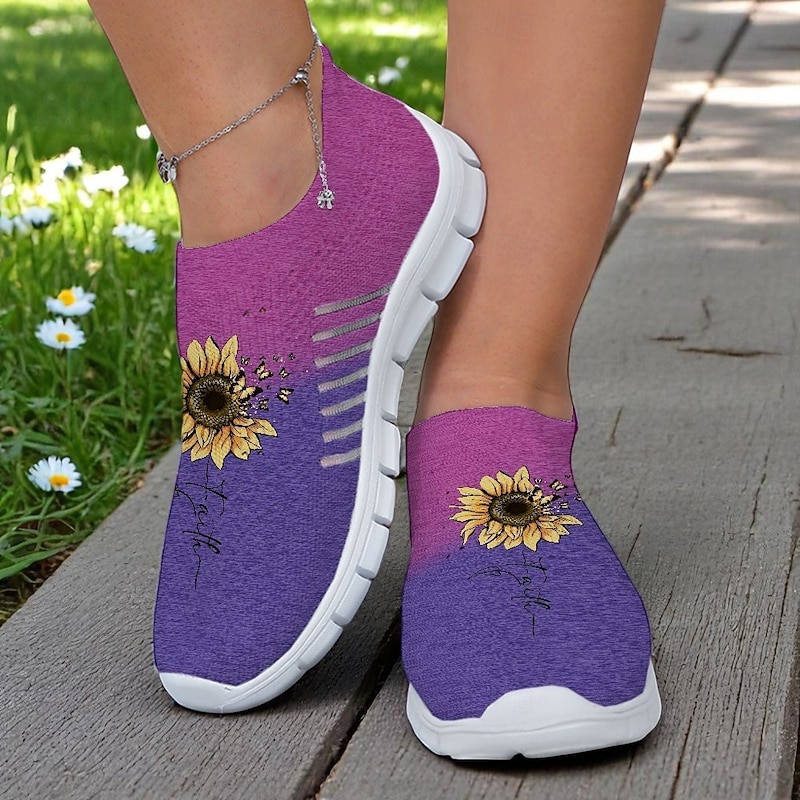 Women's Gray Fly-knit Slip-On Sneakers with Sunflower Print – Lightweight Casual Walking Shoes for Travel, Daily Wear and Spring Outings