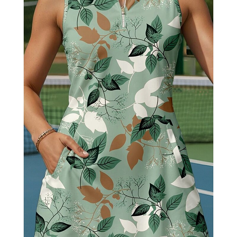 Women's Plants Tennis Dress Sports Dress Sleeveless Print Breathable Tennis Golf Badminton Polo Collar Zip Collar Dress Green Tennis Clothing3