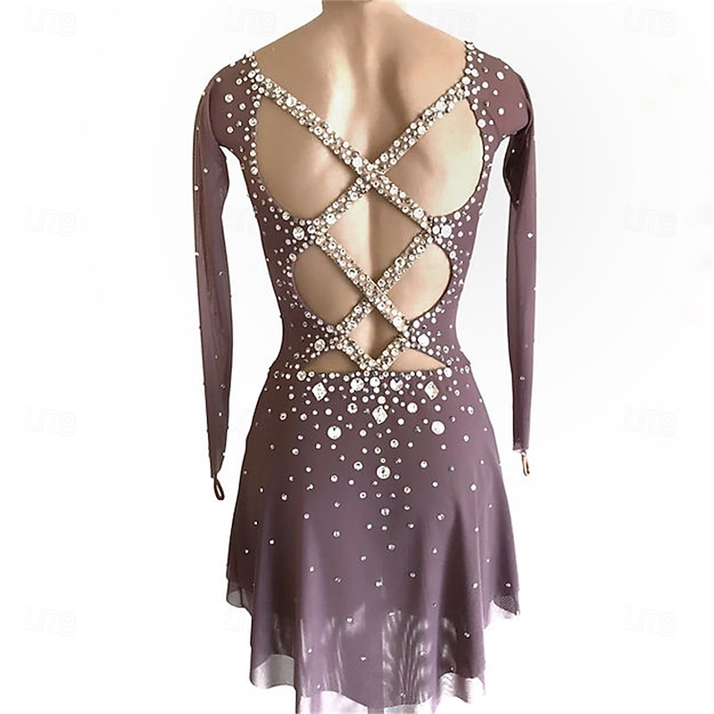 Figure Skating Dress Women's Girls' Ice Skating Dress Navy White Pink Patchwork Open Back Mesh High Elasticity Training Competition Skating Wear Classic Crystal / Rhinestone Long Sleeve Ice Skating4