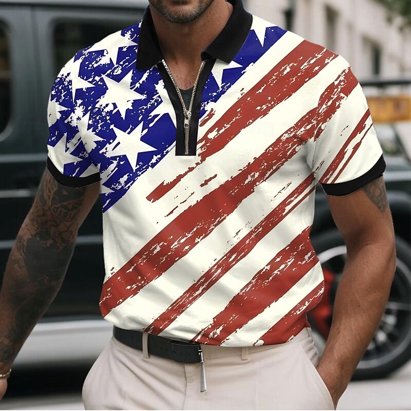 Independence Day Men's American US Flag Zip Polo Short Sleeve Polo Shirts Turndown Casual Daily Casual Zip Up 3D Print Summer Robin's Egg Blue