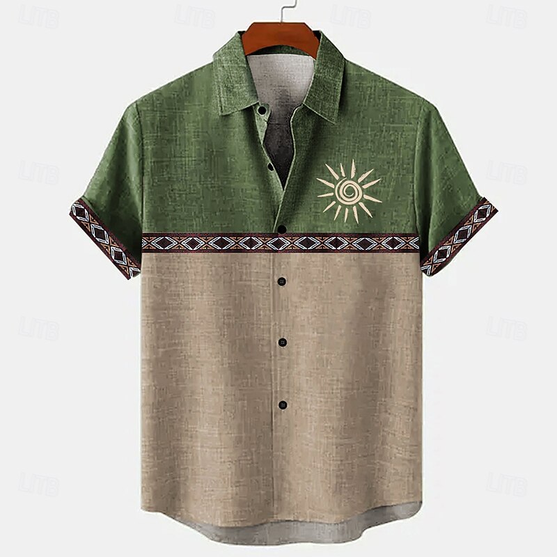 Men's Geometric Sunflower Linen Shirt Summer Hawaiian Shirt Button Up Shirt Short Sleeve Hawaiian Resort Vacation Holiday Beach Wear Summer Spring Turndown Collared Shirts Black Navy Blue Blue Green2
