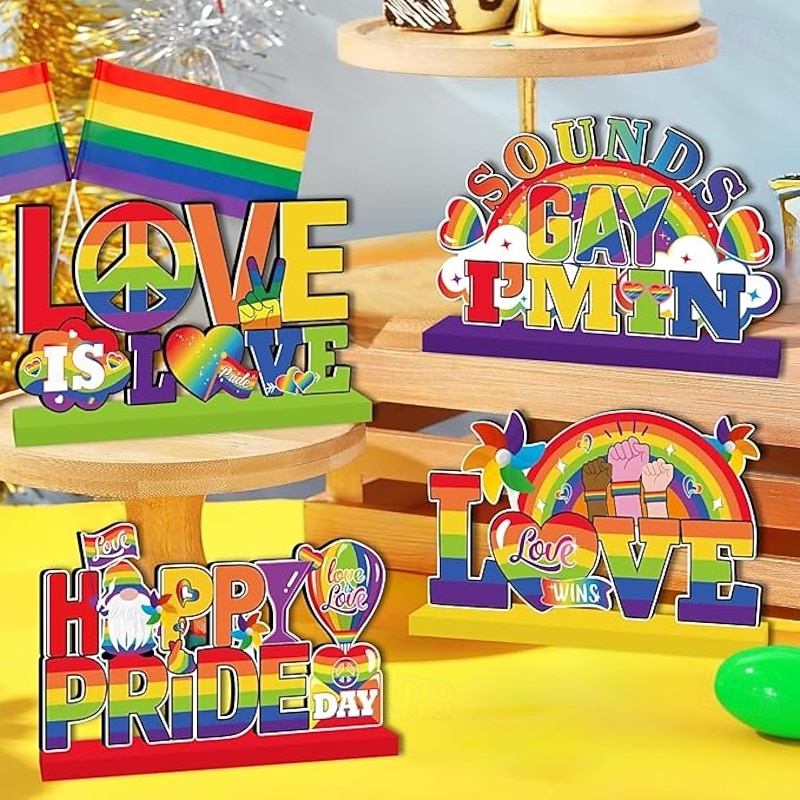 4 Pieces Pride Decorative Wooden Table Centerpieces, Love Is Love Table Decorations for Pride Month, Rainbow Theme LGBTQ Party Supplies, Perfect for Pride Celebration and Party Decor4