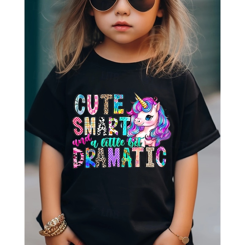 100% Cotton Kids Girls' Black Unicorn Letters T shirt Tee Crew Neck Short Sleeve Outdoor Vacation Daily Classic Casual Print Summer