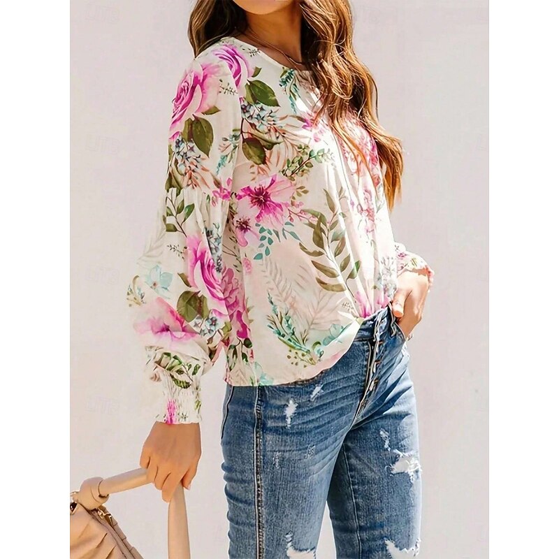 Women's Shirt Floral Tropical Stylish Casual Long Sleeve Crew Neck Regular Tops Daily Print White Pink Green Summer Spring3
