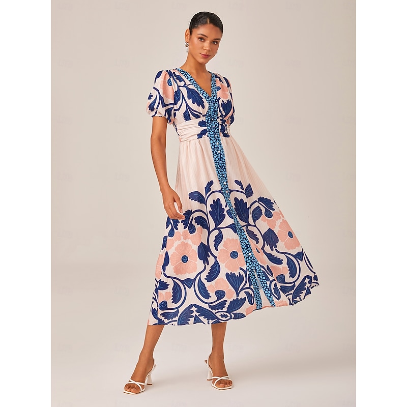 Floral High Waist Short Sleeve V Neck Maxi Dress