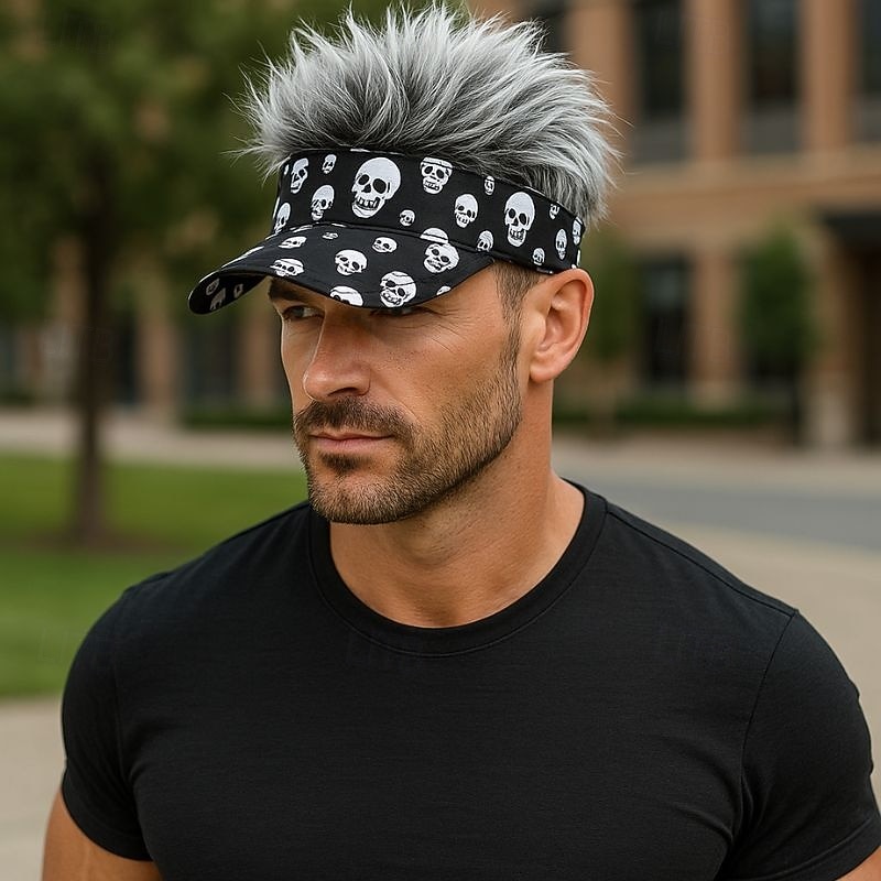 Men's Visor Hat with Spiked Wigs Fake Hair Visor Wig Men Sun Hat Baseball Cap Wig Hat Black Coffee 100% Cotton Print Fashion Casual Daily Festival Skulls Adjustable Sunscreen Breathable