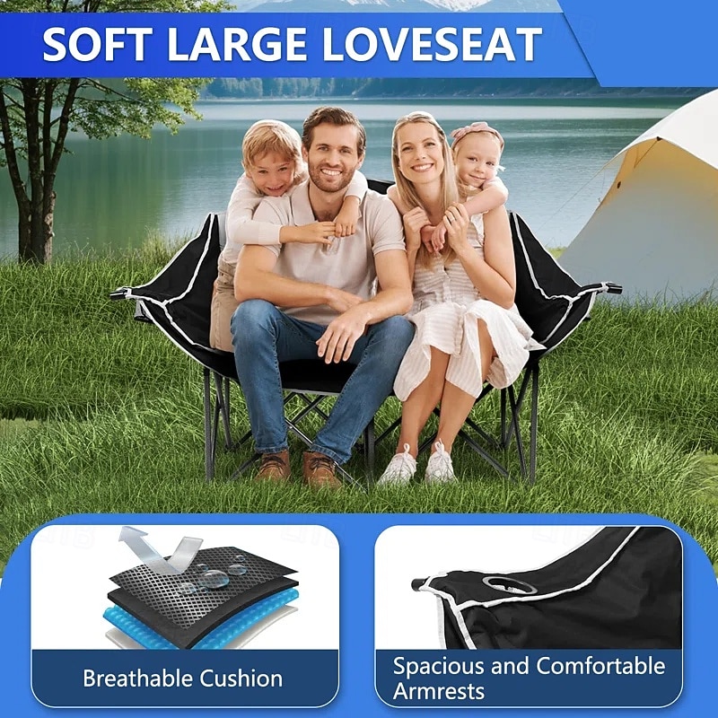 2-Person Oversized Camping Chair with 650 lb Capacity - Padded, Wine Glass Rack & Cup Holders, Lightweight Portable Foldable Design, Durable 600D Oxford Fabric & Steel Frame for Camping, Beach, Backya3