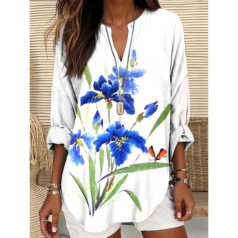 Women's Blouse Tunic V Neck Long Sleeve Boho Casual Tops Floral Graphic Elegant Vintage Daily Regular Tops Daily Wear Print White Pink Blue Dusty Blue Purple2