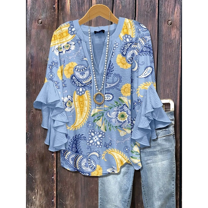 Women's Blouse V Neck Floral Graphic Paisley Elegant Bohemia Ethnic 3/4 Length Sleeve Regular Tops Daily Holiday Vacation Wear Ruffle Print Red Dusty Blue Green Summer Spring Fall3