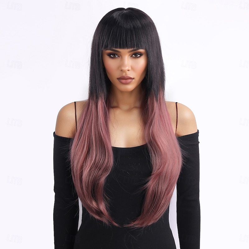 Synthetic Wig Yaki Straight Layered Haircut With Bangs Machine Made Wig 28 inch A1 Synthetic Hair Women's Classic Comfortable Color Gradient Multi-color2